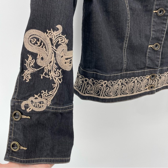 Ann Trinity Womens Denim Jacket Gray Buttoned Embroidered M - Picture 2 of 5
